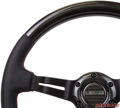 NRG Carbon Fiber Steering Wheel 350mm 1.5 Inch Deep Dish Leather Accent Red Stitching - ST-010CFRS