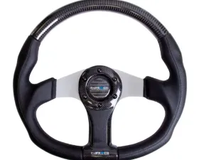 NRG Carbon Fiber Steering Wheel 350mm Aluminum-Carbon Center Silver Flat Bottom