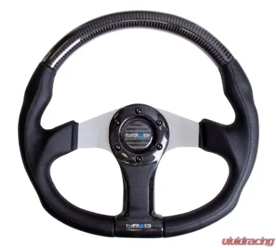 NRG Carbon Fiber Steering Wheel 350mm Aluminum-Carbon Center Silver Flat Bottom - ST-013CFSL