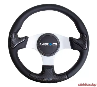 NRG Carbon Fiber Steering Wheel 350mm Silver Frame Black Stitching - ST-014CFSL