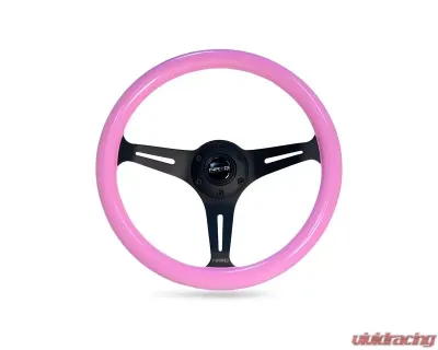 NRG Solid Pink Painted Grip 3 Black Spokes 350mm Classic Wood Grain Wheel Universal - ST-015BK-PK