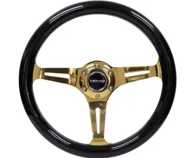 NRG Classic Wood Grain Steering Wheel 350mm Chrome Gold 3-Spokes Black Grip