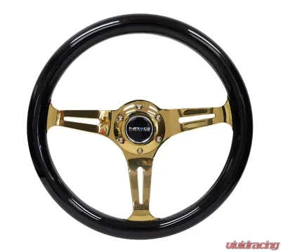 NRG Classic Wood Grain Steering Wheel 350mm Chrome Gold 3-Spokes Black Grip - ST-015CG-BK