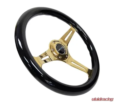 NRG Classic Wood Grain Steering Wheel 350mm Chrome Gold 3-Spokes Black Grip - ST-015CG-BK