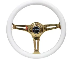 NRG Classic Wood Grain Steering Wheel 350mm Chrome Gold 3-Spokes White Grip
