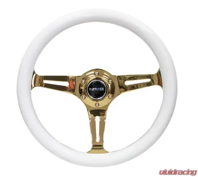 NRG Classic Wood Grain Steering Wheel 350mm Chrome Gold 3-Spokes White Grip - ST-015CG-WT