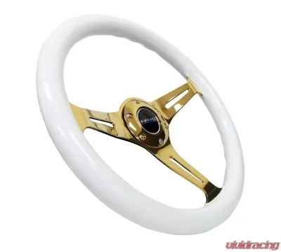 NRG Classic Wood Grain Steering Wheel 350mm Chrome Gold 3-Spokes White Grip - ST-015CG-WT