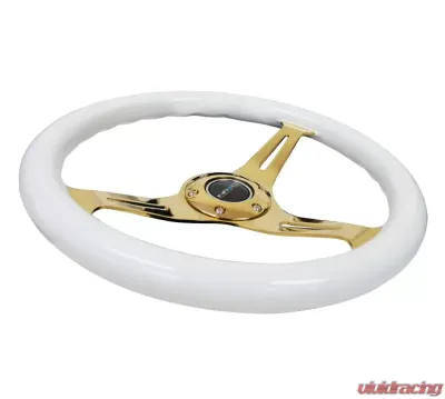 NRG Classic Wood Grain Steering Wheel 350mm Chrome Gold 3-Spokes White Grip - ST-015CG-WT