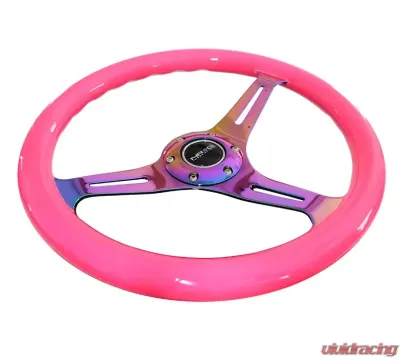 NRG Classic Wood Grain Steering Wheel 350mm Neochrome 3-Spokes Neon Pink - ST-015MC-NPK
