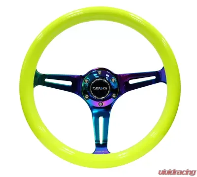 NRG Classic Wood Grain Steering Wheel 350mm Neochrome 3-Spokes Neon Yellow - ST-015MC-NYW