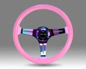 NRG Solid Pink Painted Grip 3 Neochrome Spokes 350mm Classic Wood Grain Wheel Universal