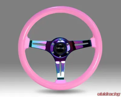 NRG Solid Pink Painted Grip 3 Neochrome Spokes 350mm Classic Wood Grain Wheel Universal - ST-015MC-PK