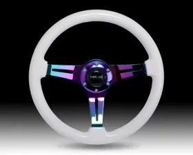 NRG White Paint Grip 3 Neochrome Spokes 350mm Classic Wood Grain Wheel Universal