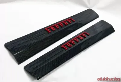 Exotic Car Gear Carbon Fiber 1-Pair Door Sills w/ Red Ferrari Raised Script Ferrari 458 - ECG-FER-458DSRR