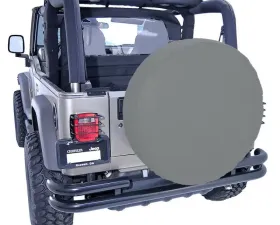 This gray tire cover from Rugged Ridge fits 30-32 inch spare tires.