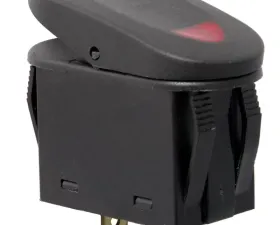 This black 2-position rocker switch from Rugged Ridge has a red indicator light.