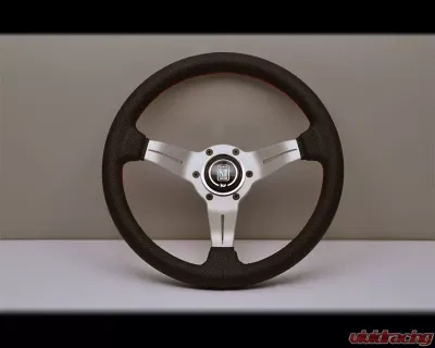 Nardi Sport Rally Deep Corn Steering Wheel - Red Stitched Black Perforated Leather Grip with Black Brushed Aluminum Spoke 13.78 Inch Diameter - NRD-6069-35-1093