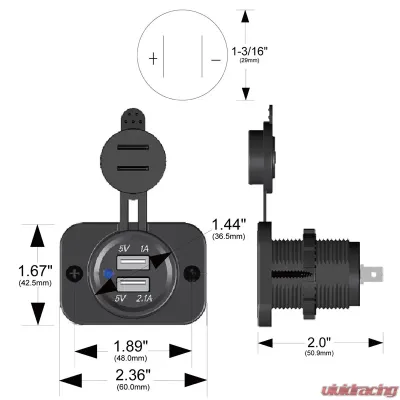 Bulldog Winch USB Power Socket Dual 5V 1A and 2.1A W/Cover and 3 Mounting Brackets - 20287