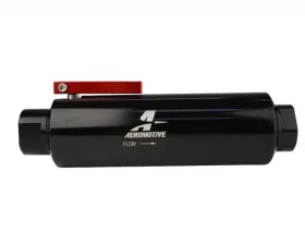 Aeromotive Fuel System Filter w/ Shutoff Valve, In-Line, AN-12, 100 micron stainless element, Black