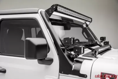 ZROADZ Front Roof LED Bracket to mount (1) 50 or 52 Inch Staight LED Light Bar and (4) 3 Inch LED Pod Lights Jeep JL 2018-2025 - Z374831-BK4