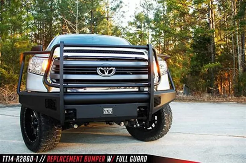 Fab Fours 14-18 Tundra Black Steel Elite Full Grill Guard Front Bumper w/Tow Hooks Bare - TT14-R2860-1