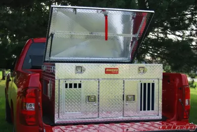Owens Products 48 W x 45 D x 26 H Diamond Tread Aluminum Dog Box Hunter Series Double Compartment with Top Storage & Standard Vents - 55006