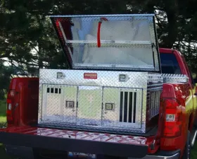 Owens Products 48 W x 45 D x 26 H Diamond Tread Aluminum Dog Box Hunter Series Double Compartment with Top Storage & All Seasons Vents