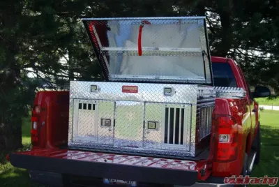 Owens Products 48 W x 45 D x 26 H Diamond Tread Aluminum Dog Box Hunter Series Double Compartment with Top Storage & All Seasons Vents - 55012