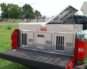 Owens Products 58 W x 40 D x 26 H Diamond Tread Aluminum Dog Box Hunter Series Triple Compartment with Top Storage & All Seasons Rear Vents