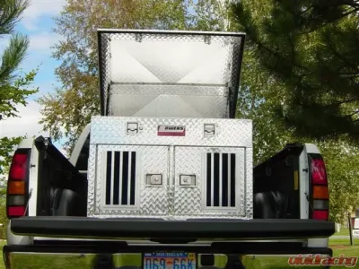 Owens Products 38 W x 36 D x 26 H Shallow Diamond Tread Aluminum Dog Box Hunter Series Double Compartment with Top Storage & Standard Vents - 55078