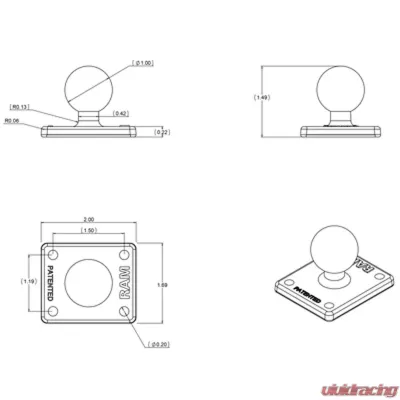 RAM Mounts 2" x 1.7" Base w/1" Ball that Contains the Universal AMPs Hole Pattern for the Garmin zumo TomTom Rider & Urban Rider - RAM-B-347U