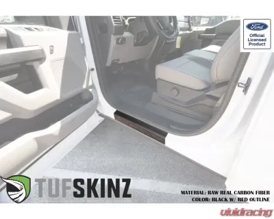 Tufskinz Door Sill Protection Raw Real Carbon Fiber Super Duty Logo(Black/Red) Front Doors 2 Piece Kit - SUP055-RCFMP-075-X