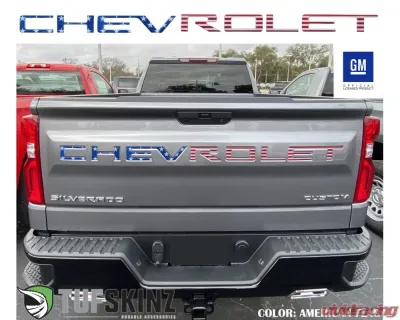 Tufskinz "Chevrolet" Tailgate Letter Inserts Fits 2019-2020 Chevrolet Silverado Silverado HD 7 Piece Kit In American Flag - SVD003-GTO-RWB-G
