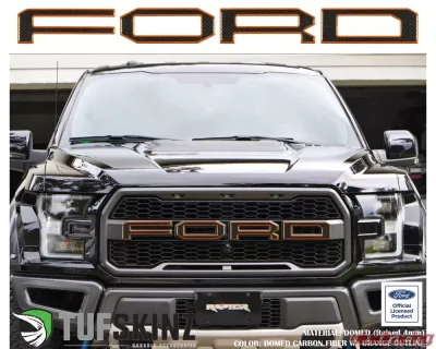 Tufskinz "Ford" Front Grill Letter Overlays Fits 2015-2020 Ford F-150 Raptor 4 Piece Kit In Domed Carbon Fiber W/Orange Outline - FRD007-DCF-033-G