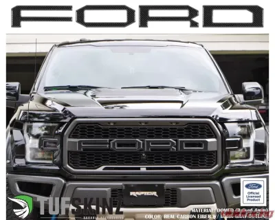 Tufskinz "Ford" Front Grill Letter Overlays Fits 2015-2020 Ford F-150 Raptor 4 Piece Kit In Domed Carbon Fiber W/Dark Gray Outline - FRD007-DCF-247-G
