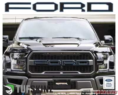 Tufskinz "Ford" Front Grill Letter Overlays Fits 2015-2020 Ford F-150 Raptor 4 Piece Kit In Domed Carbon Fiber W/Ford Performance Blue Outline - FRD007-DCF-418-G
