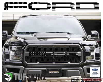 Tufskinz "Ford" Front Grill Letter Overlays Fits 2015-2020 Ford F-150 Raptor 4 Piece Kit In Black/Sliver American Flag - FRD007-GTO-047-G