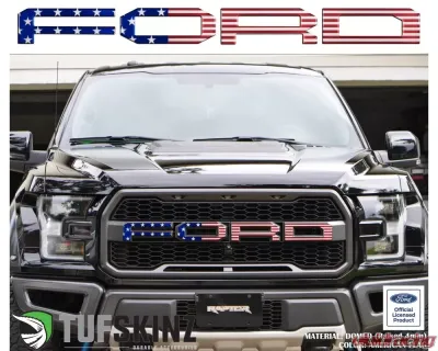 Tufskinz "Ford" Front Grill Letter Overlays Fits 2015-2020 Ford F-150 Raptor 4 Piece Kit In American Flag Edition - FRD007-GTO-RWB-G
