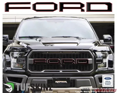 Tufskinz "Ford" Front Grill Letter Overlays Fits 2015-2020 Ford F-150 Raptor 4 Piece Kit In Matte Black W/Red Outline - FRD007-RED-025-M