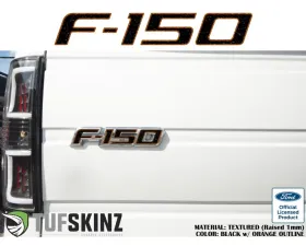 Tufskinz F-150' Tailgate Emblem Letter Inserts Fits 2009-2014 Ford F-150 OEM Emblem 5 Piece Kit In Textured Black W/Orange Outline