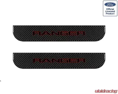 Tufskinz Door Sill Protection Fits 2019-2020 Ford Ranger Real Carbon Fiber(Domed) Rear Doors Logo Black W/Red Outline - RAG016-DCF-065-G