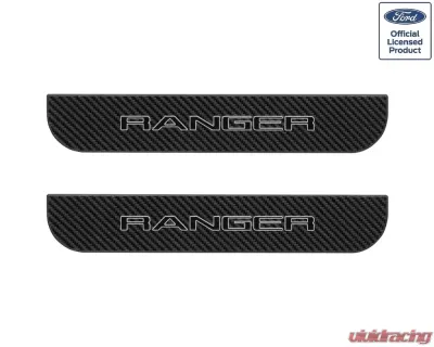 Tufskinz Door Sill Protection Fits 2019-2020 Ford Ranger Real Carbon Fiber(Raw) Rear Doors Logo Black W/Gray Outline - RAG016-RCFPT-070-X