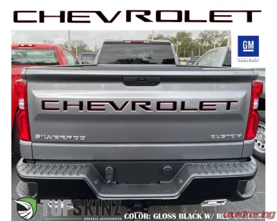 Tufskinz "Chevrolet" Tailgate Letter Inserts Fits 2019-2020 Chevrolet Silverado Silverado HD 7 Piece Kit In Gloss Black/Red Outline - SVD003-RED-025-G