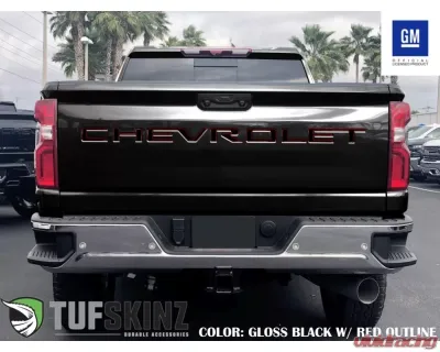 Tufskinz "Chevrolet" Tailgate Letter Inserts Fits 2019-2020 Chevrolet Silverado Silverado HD 7 Piece Kit In Gloss Black/Red Outline - SVD003-RED-025-G