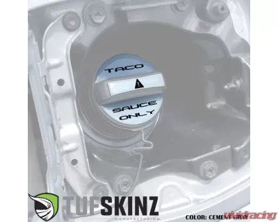 Tufskinz Fuel Cap Overlay "Taco Sauce Only" Fits Toyota Tacoma 2005-Up 3 Piece Kit In Cement Gray W/Black Font - TAC061-GGY-249-G