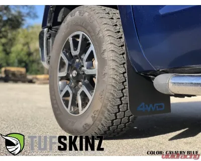 Tufskinz Front Mud Flaps Fits 2014-2020 Toyota Tundra 2 Piece Kit In Black Textured With Cavalry Blue "4X4" Logo - TUN041-ABT-209-X
