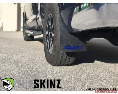 Tufskinz Rear Mud Flaps Fits 2014-2020 Toyota Tundra 2 Piece Kit In Black Textured With Voodoo Blue "4X4" Logo - TUN042-ABT-210-X