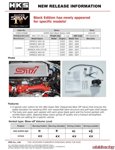 HKS Super SQV4 Blow Off Valve Kit Black Edition GDB Subaru Forester | Impreza 2002-2007 - 71008-KF006B
