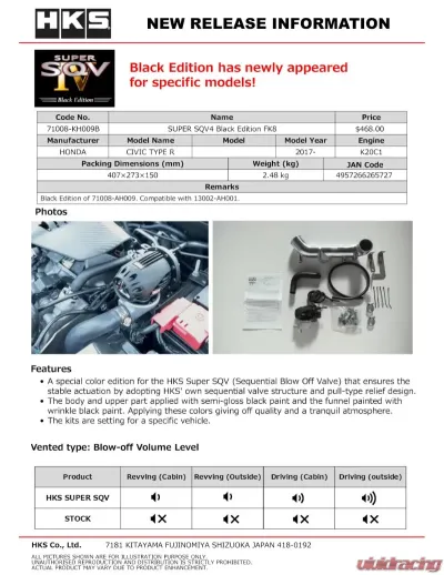 HKS Super SQV4 Blow Off Valve Kit Black Edition FK8 Honda Civic Type-R 2017-2020 - 71008-KH009B