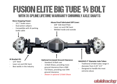 Jeep JL Axle Assembly Fusion Elite Big Tube 14 Bolt Full Float Rear Axle18-Pres Wrangler JL Gear Ratio 4.88 ARB Air Locker/13 Bolt Kit Fusion 4x4 - FUS-FF13-JL-ARB-488